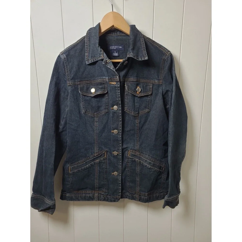 Jones New York Signature Blue Denim Jacket Womens Medium Stretch Pockets